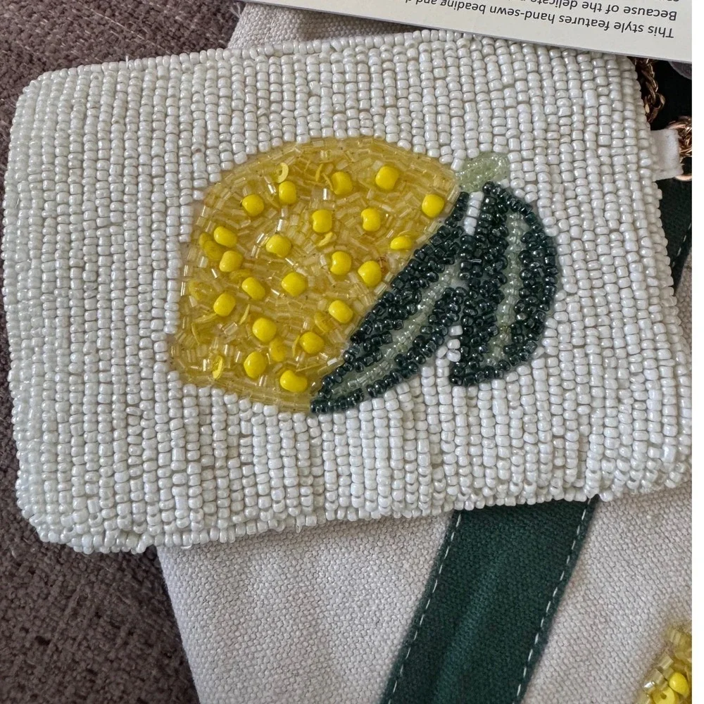 Viral‎ Beaded Farm Market Lemon Canvas Small Tote Green Base Assorted Bead Pouch
